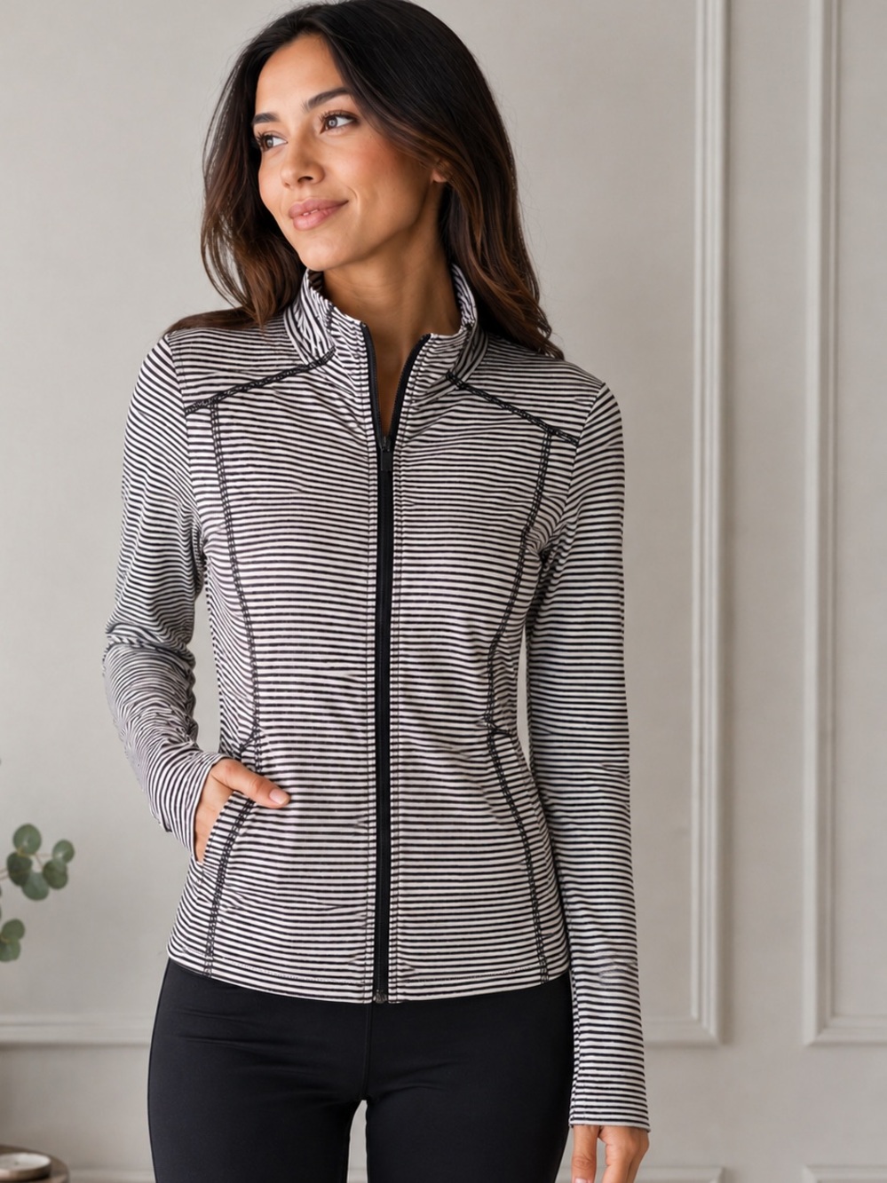 Lolë Black & White Striped Full-Zip Active Jacket Size M